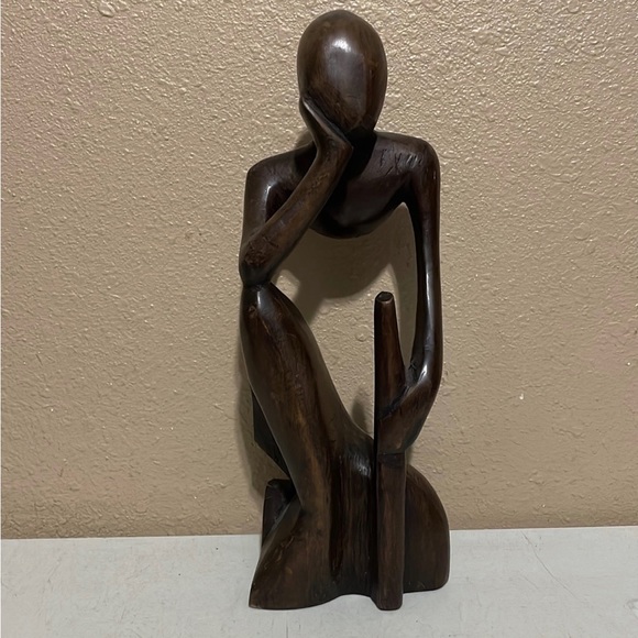 Vintage African Art Hand Carved Wooden Thinking Man Sculpture 12” Statue - Picture 1 of 5